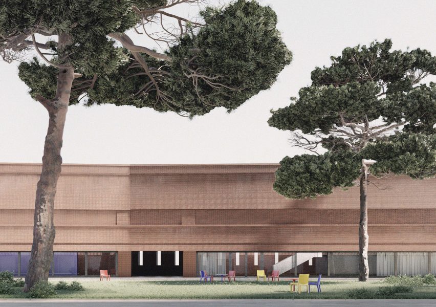 Visualisation of large brick museum building with trees in foreground