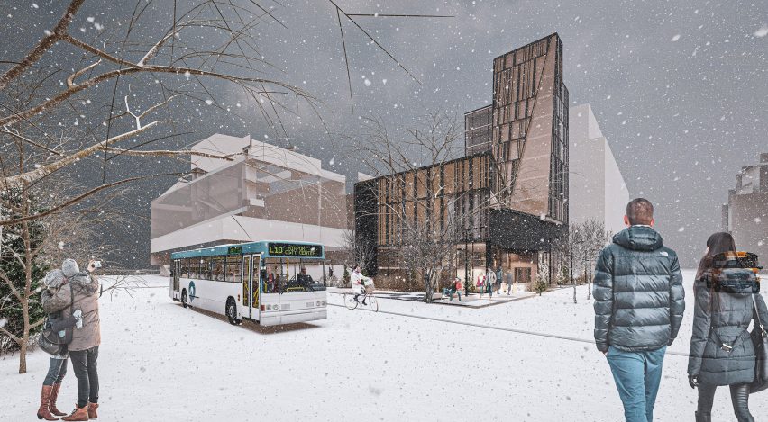 Visualisation showing a building on a snowy street