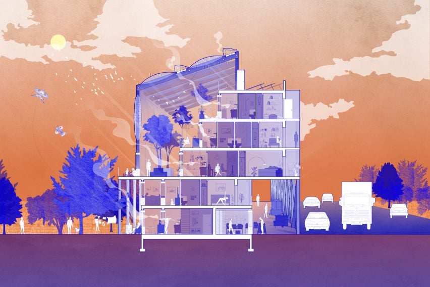 Sectional view of building in front of orange and purple background