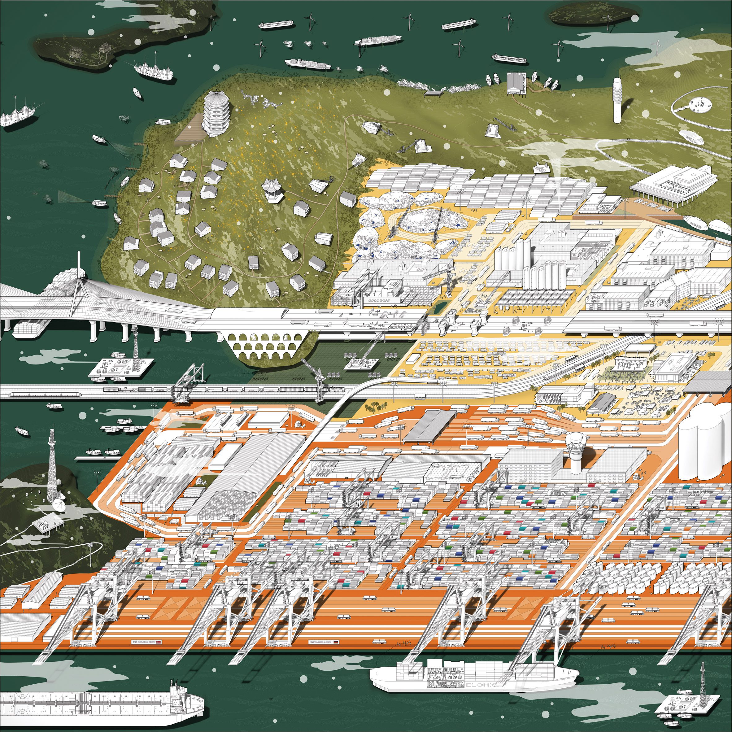 Architectural drawing of Yangshan Port by Annie Zhaocheng Wang