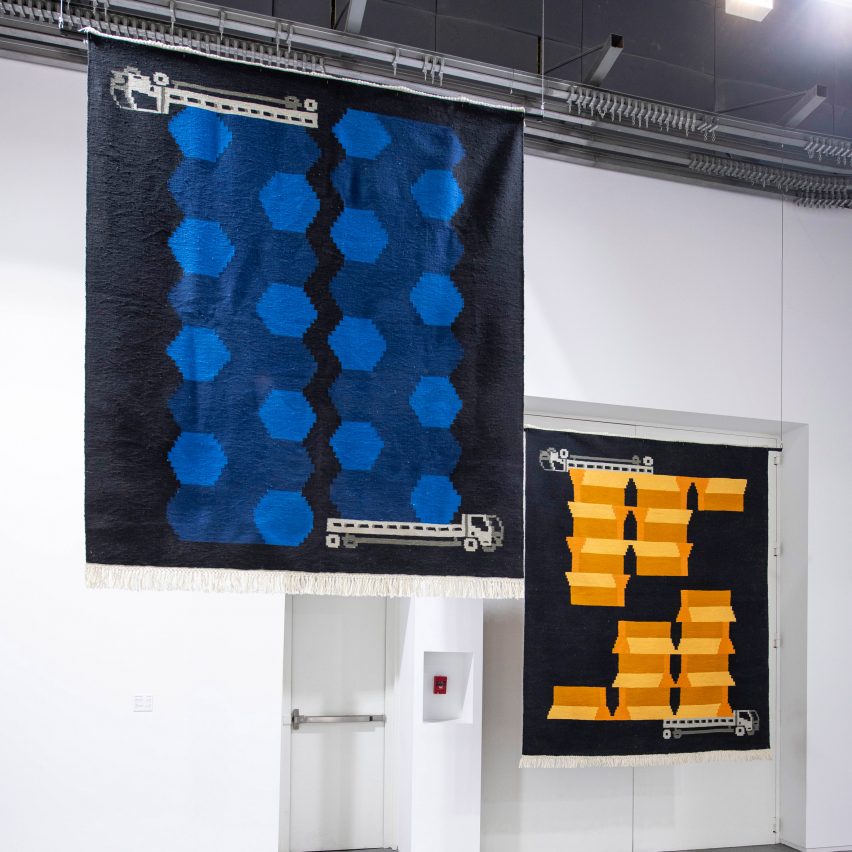 Hanging textiles presented by a Virginia Commonwealth University student