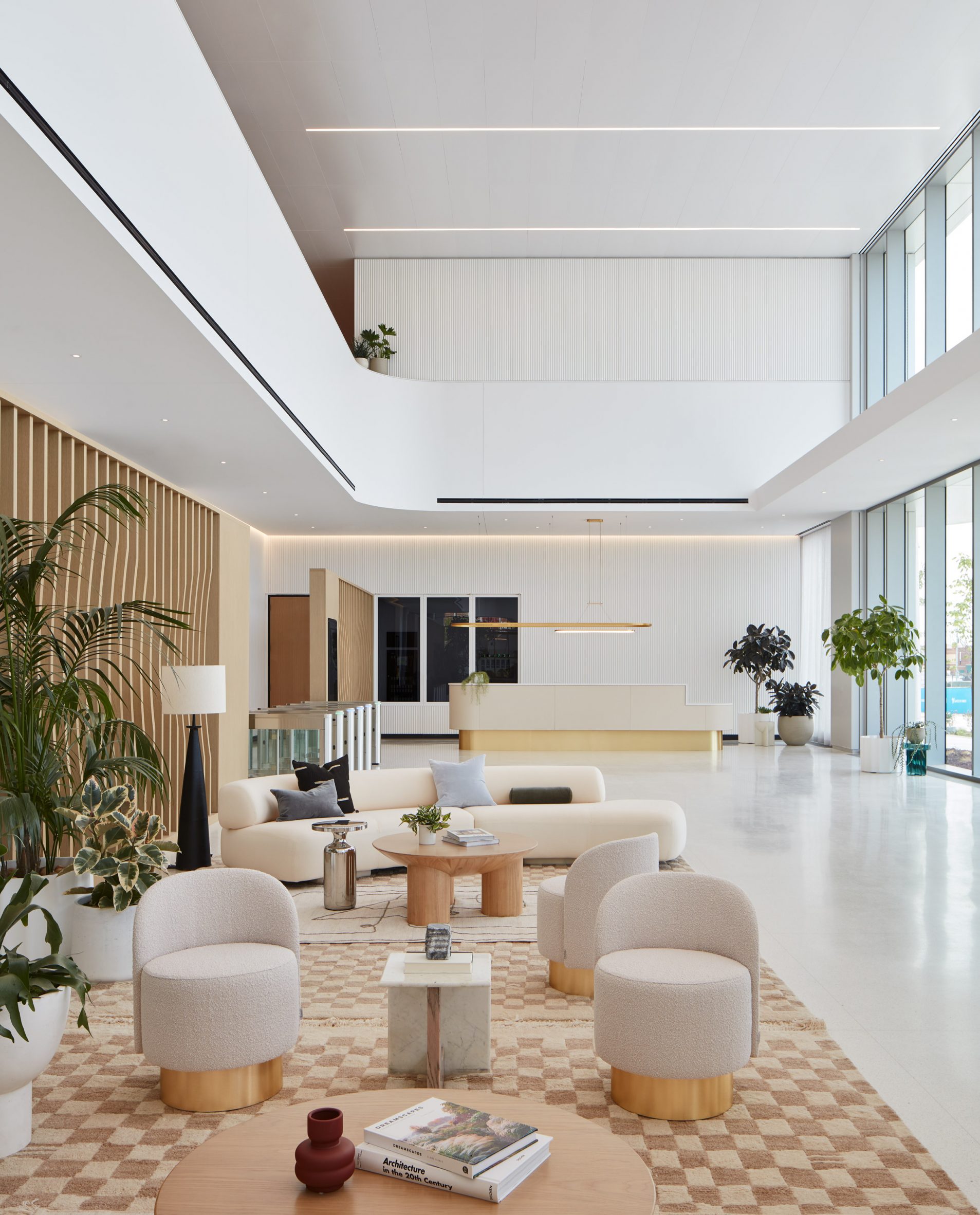 Double-height lobby with lounge-like seating areas