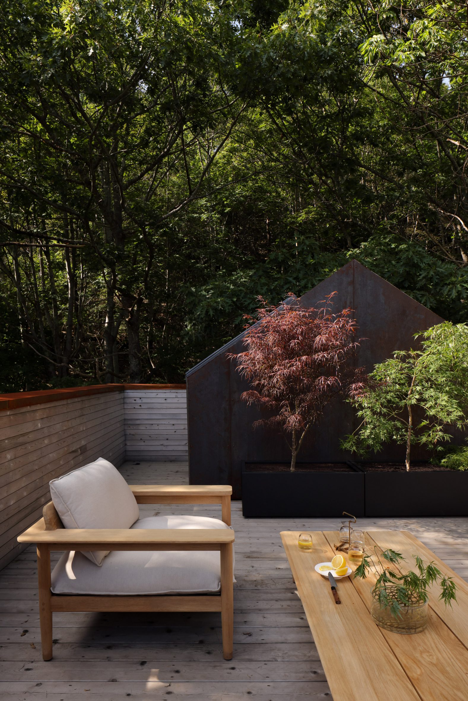 Rooftop patio with wooden furniture and forest in background