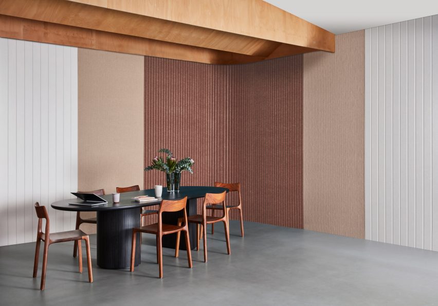 Three shades of brown acoustic wall panels by Woven Image