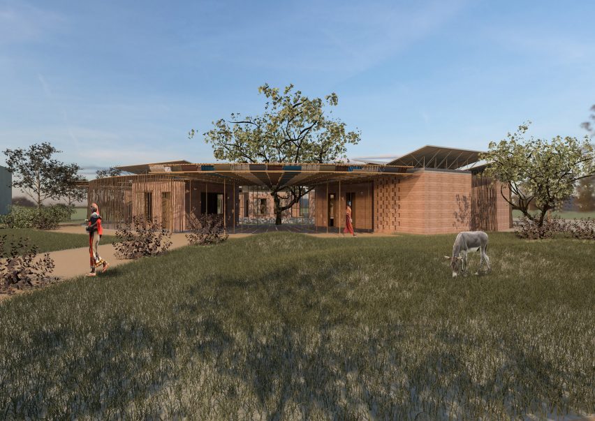 Visualisation of pediatric clinic with shrubs and donkey outside