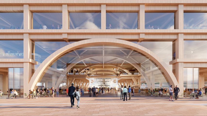An arched gateway into a wooden retail space