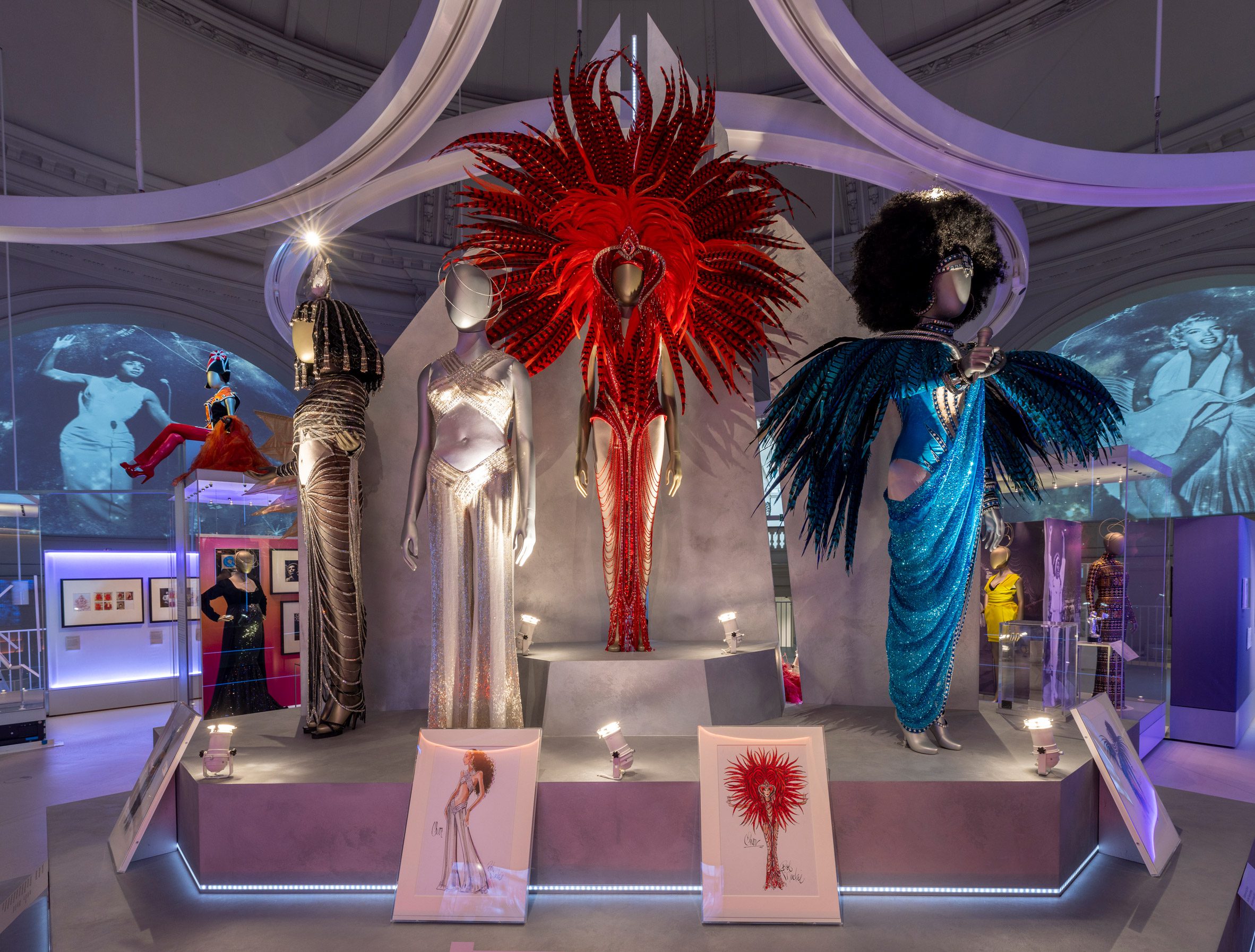 Photo of costumes on display at the Diva exhibition in the V&A