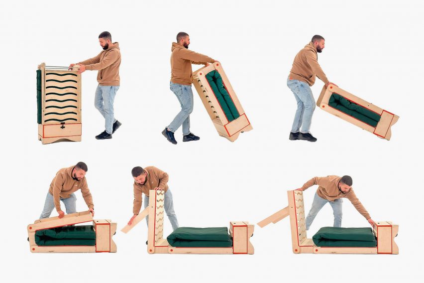 Sequence of images showing a person moving and assembling a wooden bed