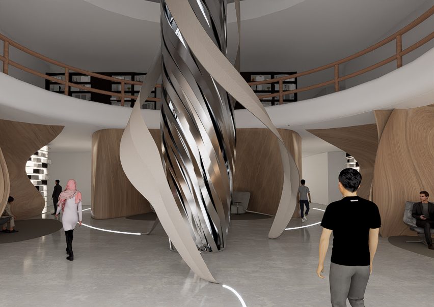Visualisation showing a circular room with a sculptural central sculpture