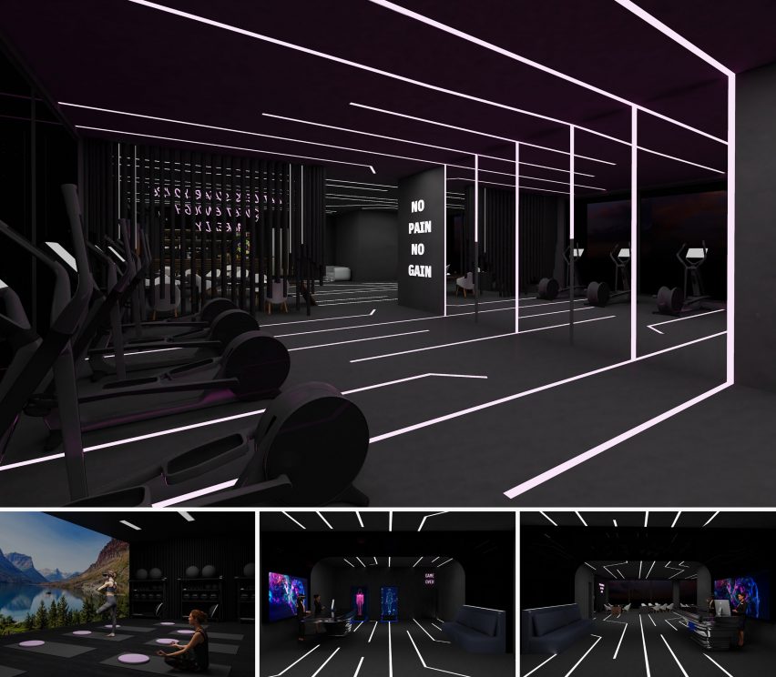 Visualisations showing a dark gym interior