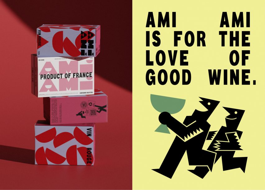 Split image of boxes of red wine next to Ami Ami graphic