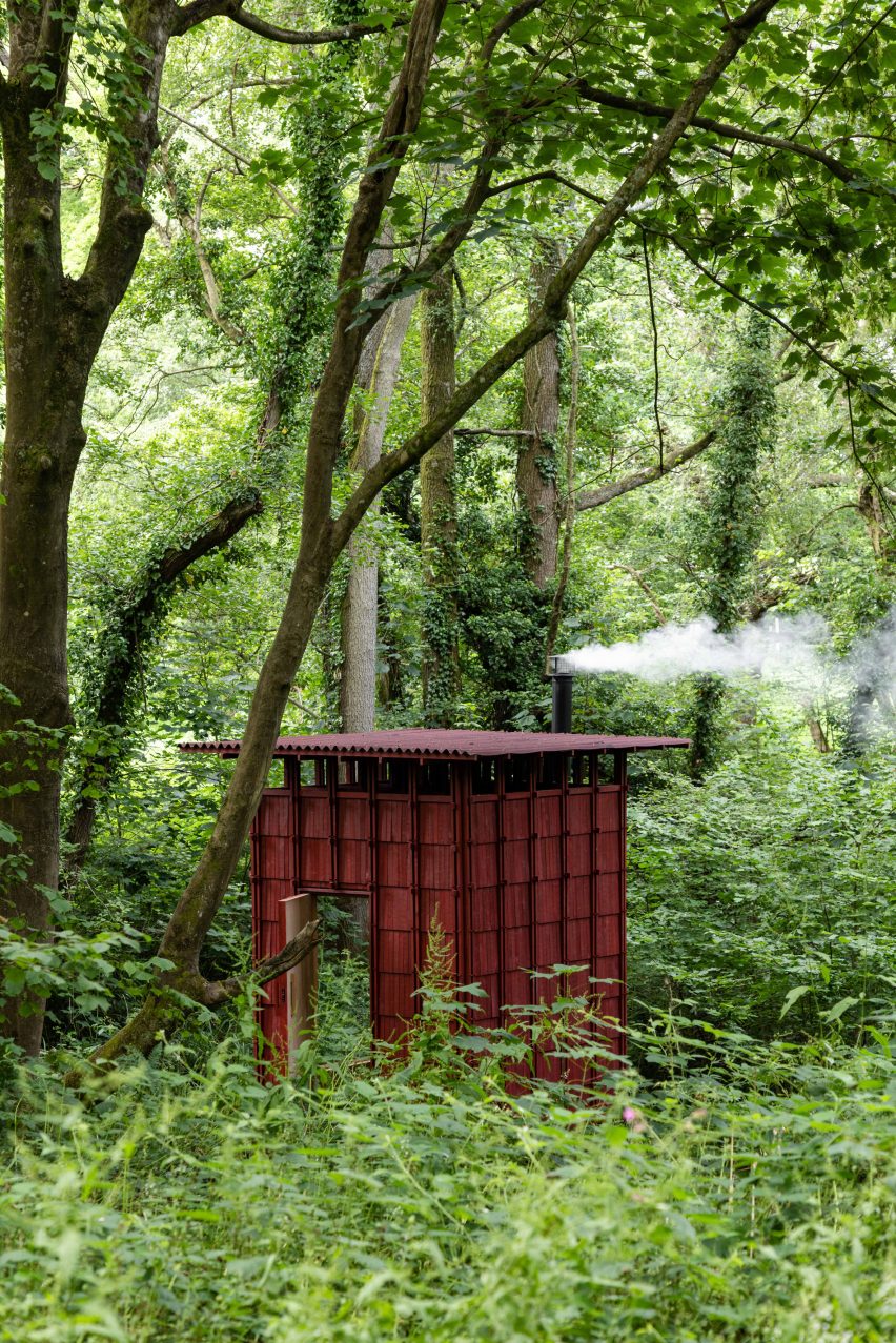 Built Works design red timber sauna called the Drying Shed in East Sussex