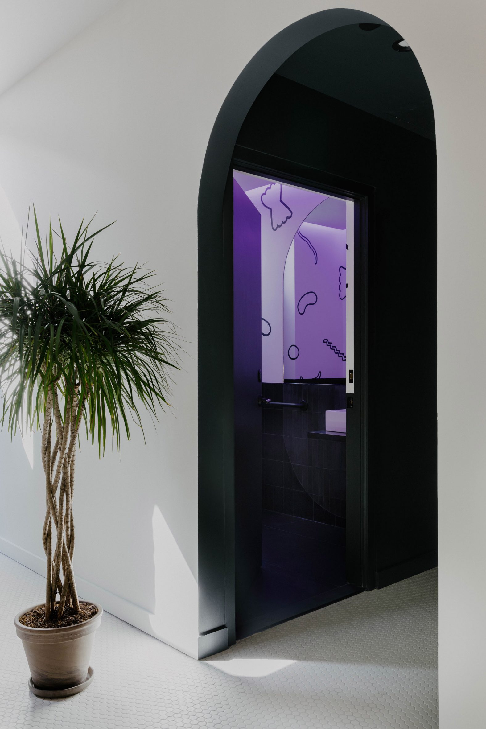 View through black archway into purple-hued bathroom