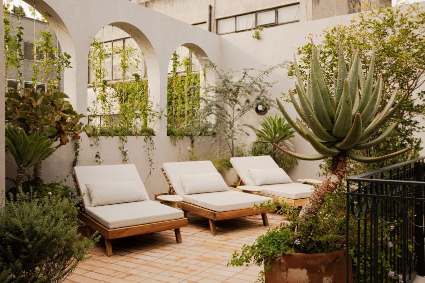 Row of three loungers on a plant-filled terrace