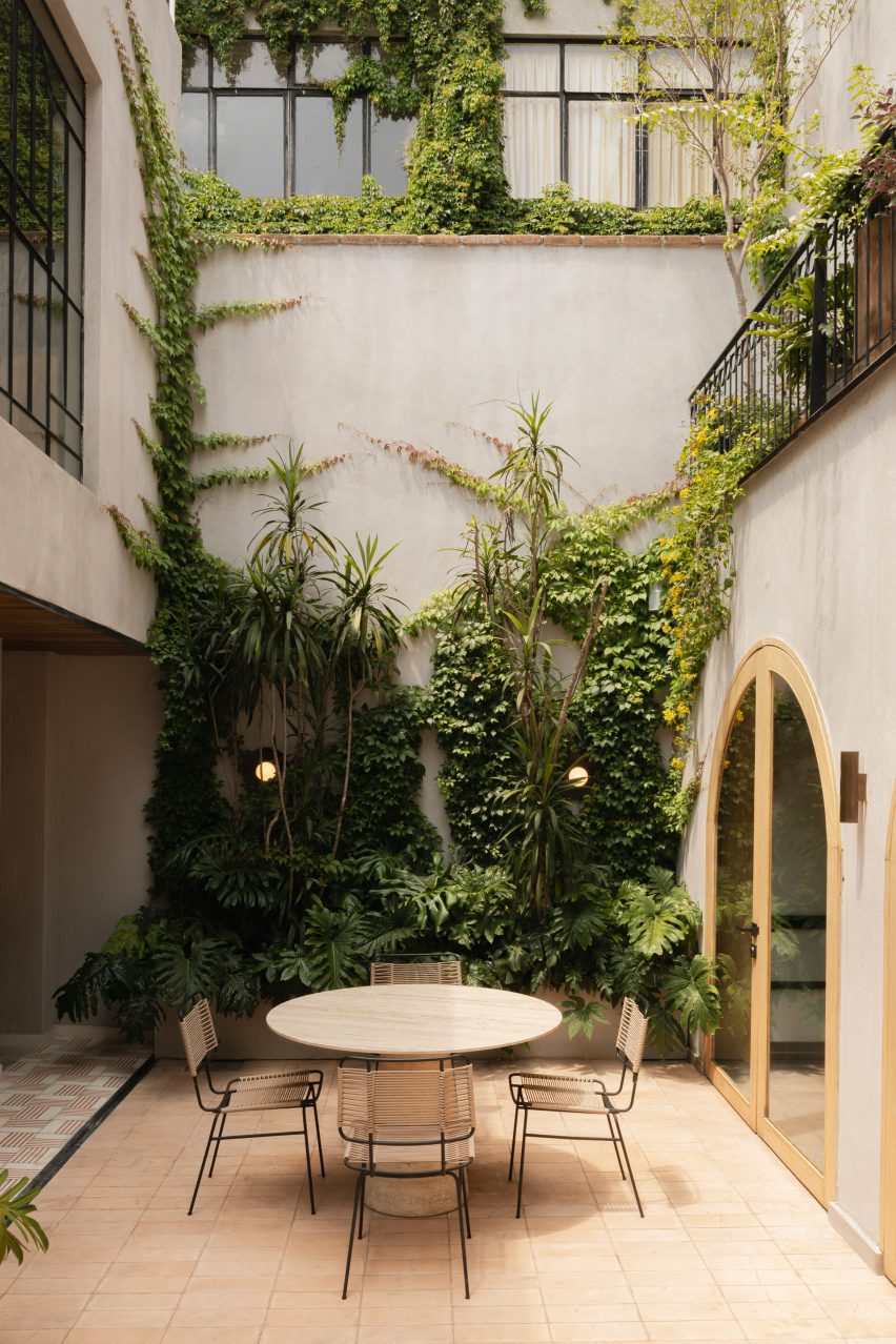 Courtyard with planting up the grey plaster walls