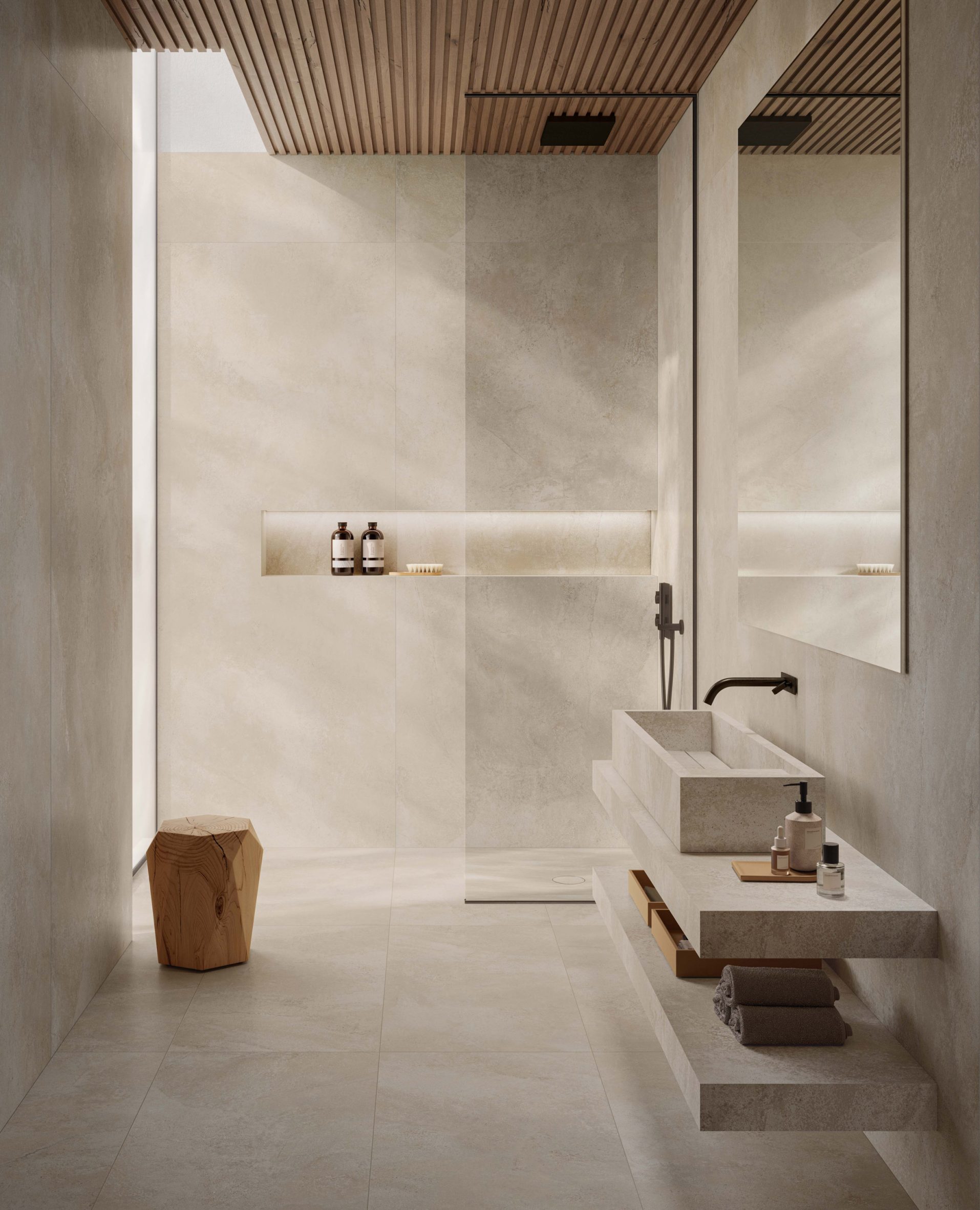Bathroom with neutral-coloured stone finishes and wooden ceiling