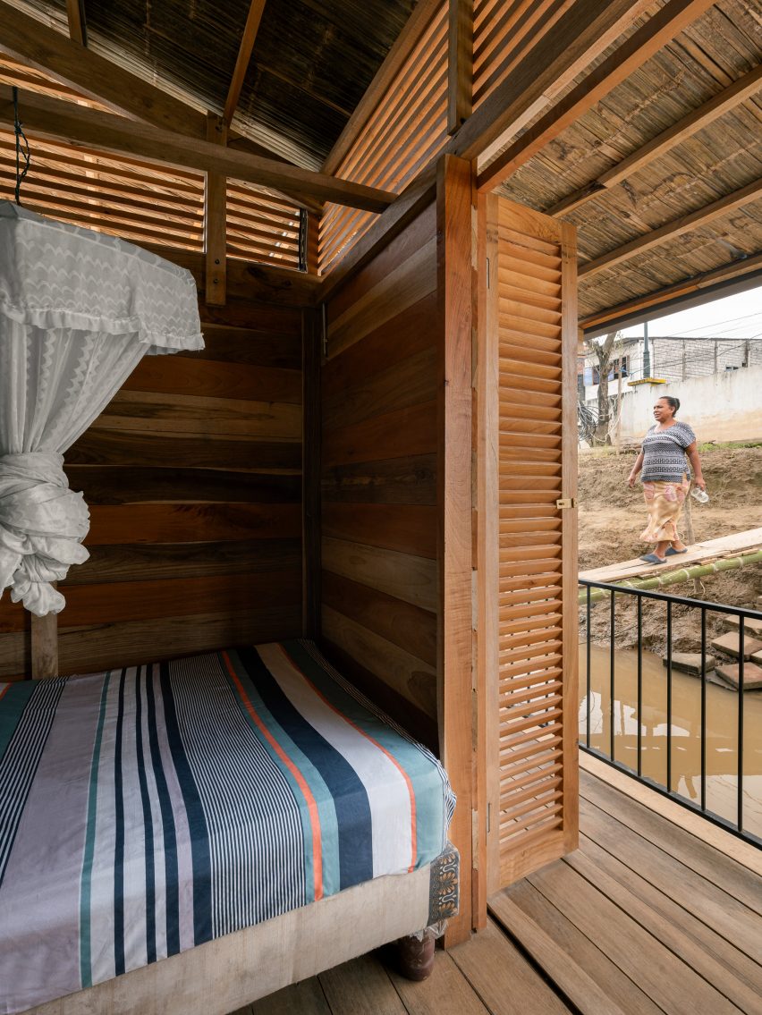 View of bedroom spaces in floating house in Ecuador