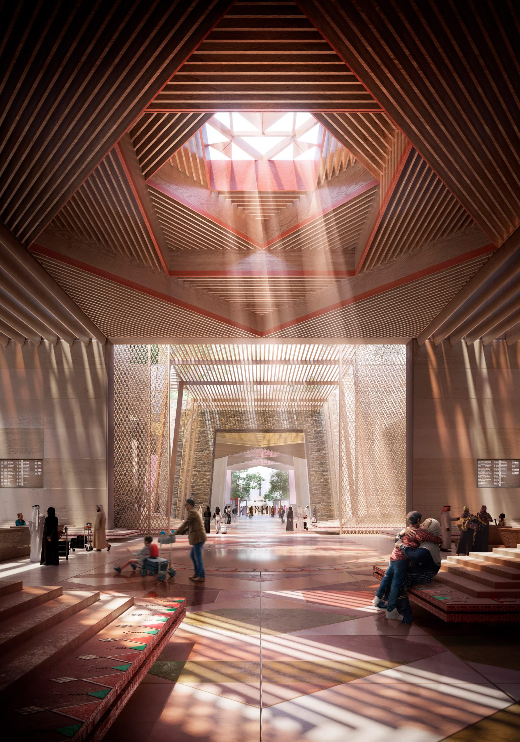 Interior visualisation of Foster + Partners' Abha Airport terminal in Saudi Arabia