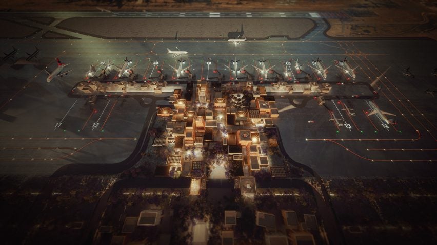 Visualisation of Abha Airport terminal by Foster + Partners at night