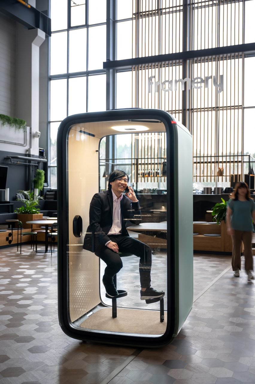 Person taking a call in a Framery meeting pod
