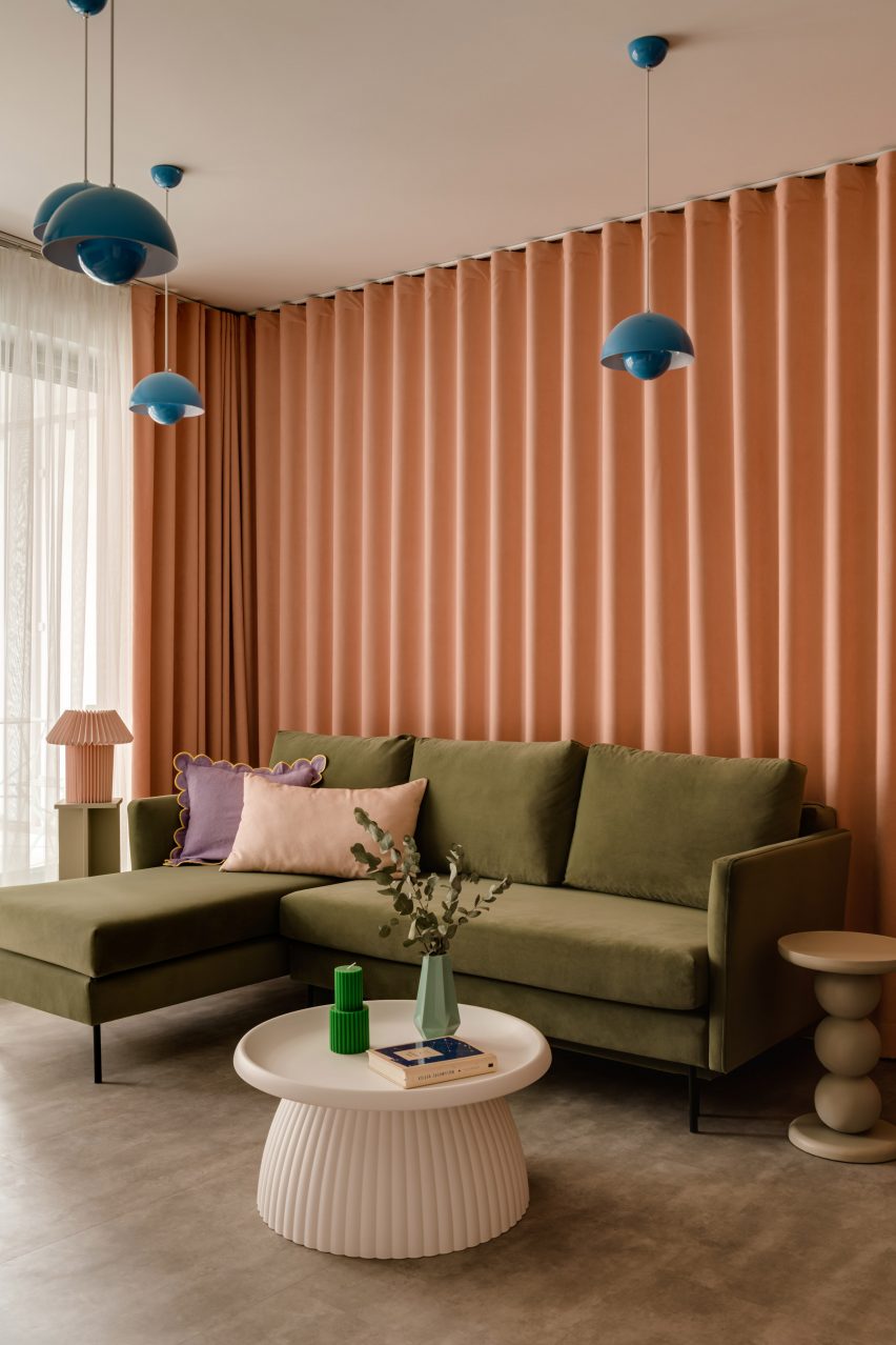 Pink velvety curtain within Furora Studio-designed ،liday apartment