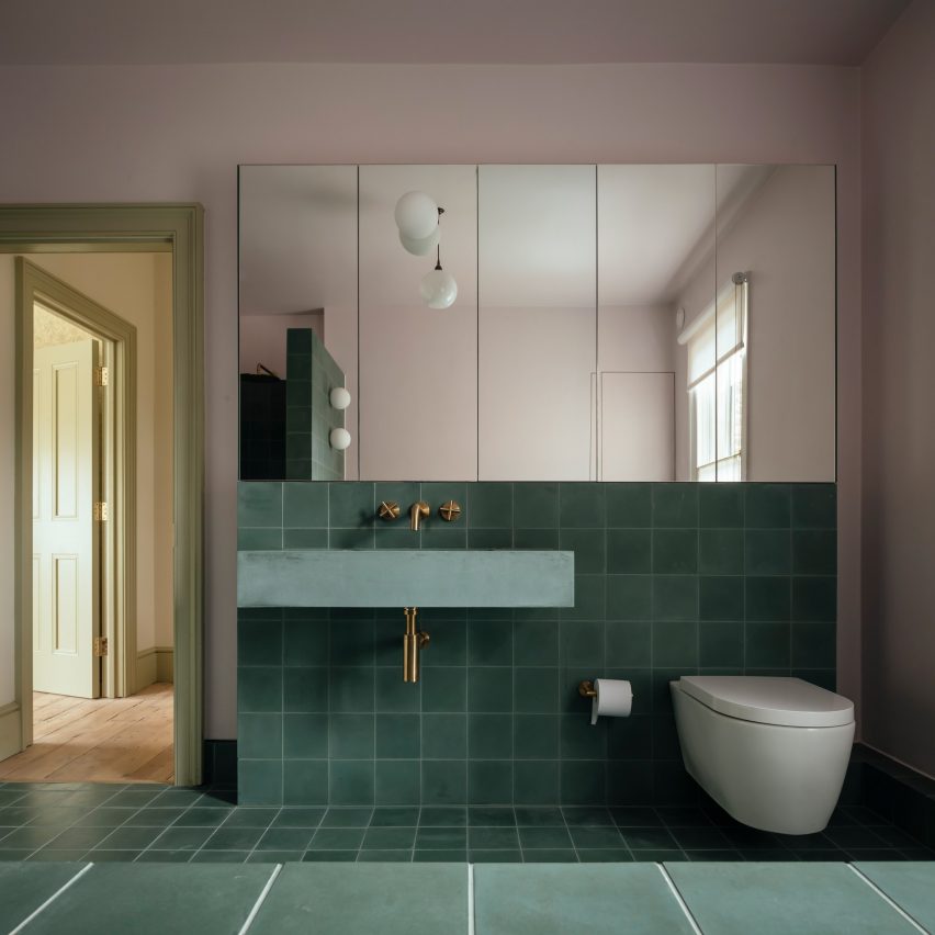 New bathrooms echo green colours of the refurbishment of Victorian rooms on ground and first floor