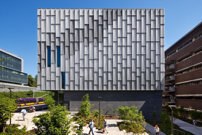 A cube-like building with metal skin