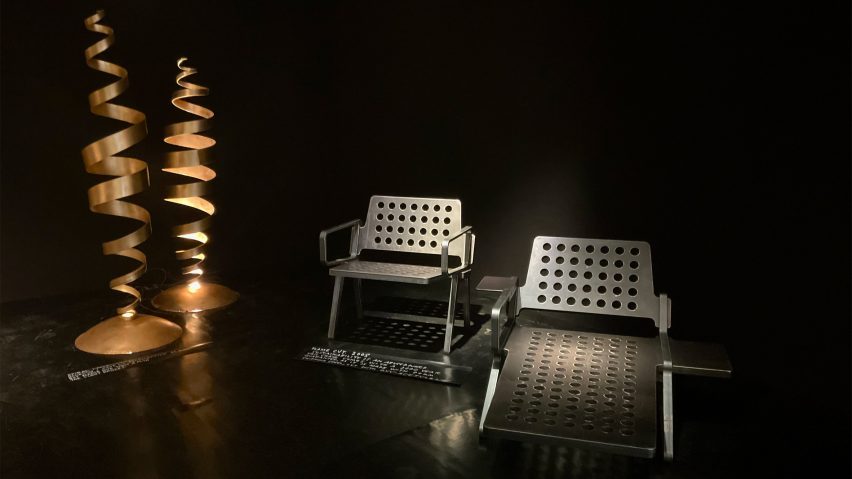 Chairs and sculpture in the exhibition Tom Dixon: Metalhead