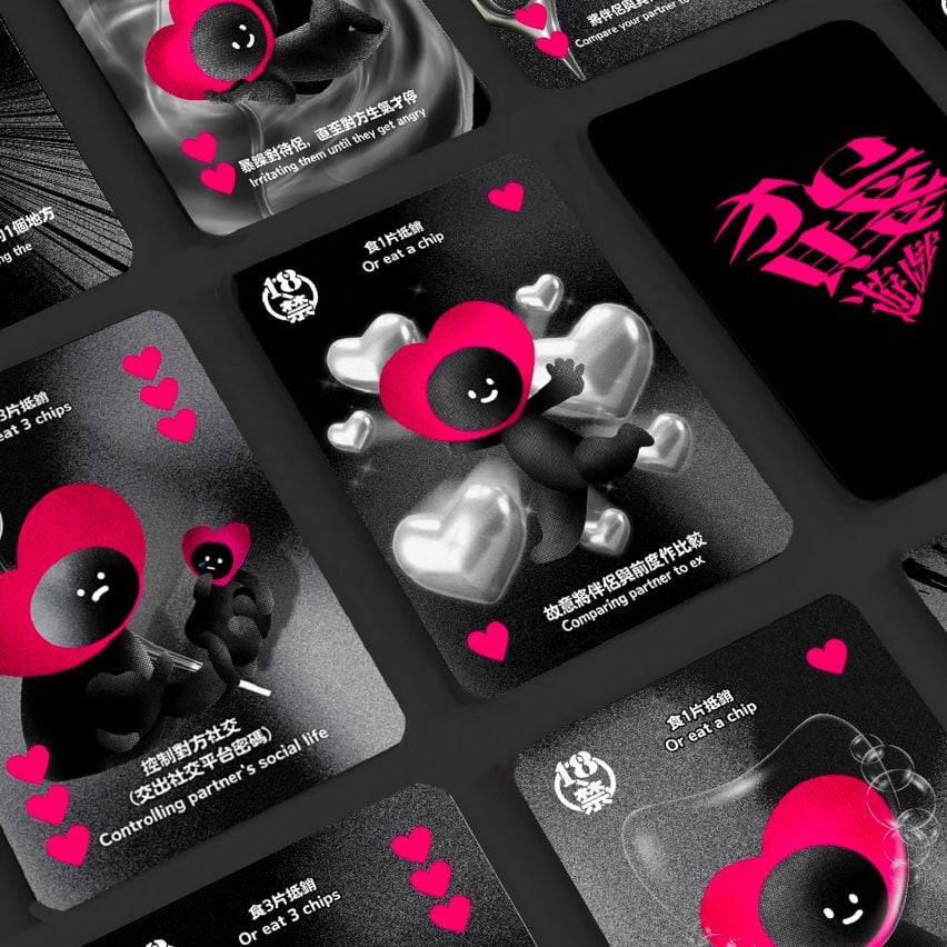 Greyscale and hot pink cards showing figures and love hearts
