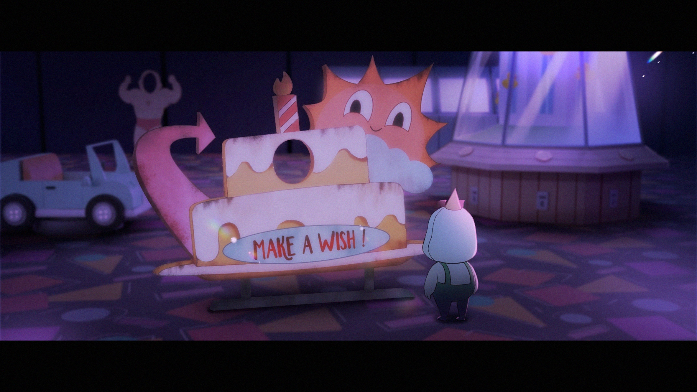 Frame from an animation showing a child in front of a wooden cut out sign