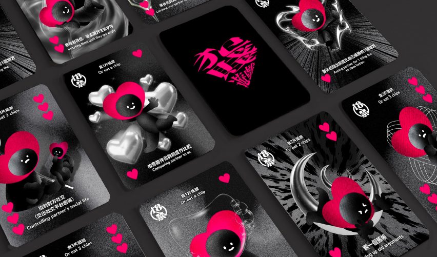 Greyscale and hot pink cards showing figures and love hearts