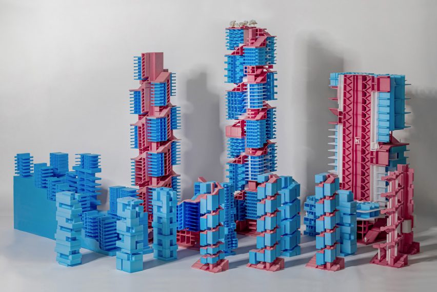Blue and pink models of high-rise buildings