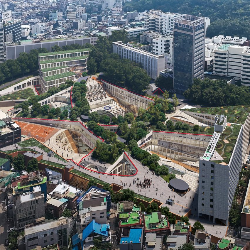 Aerial visual of Hongik University expansion by OMA