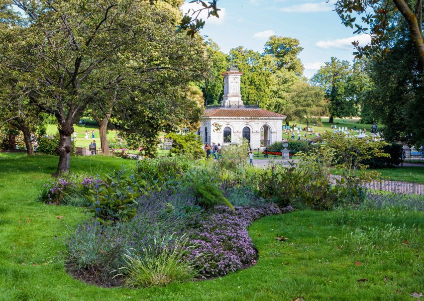 Photo of Alexandra Daisy Ginsberg's Pollinator Pathmaker Serpentine Edition, a small garden of flowers set within Hyde Park in London