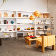 Shelves populated with small design objects