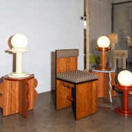 wooden stools, tables and lamps