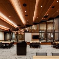 A conference room with slopped ceiling