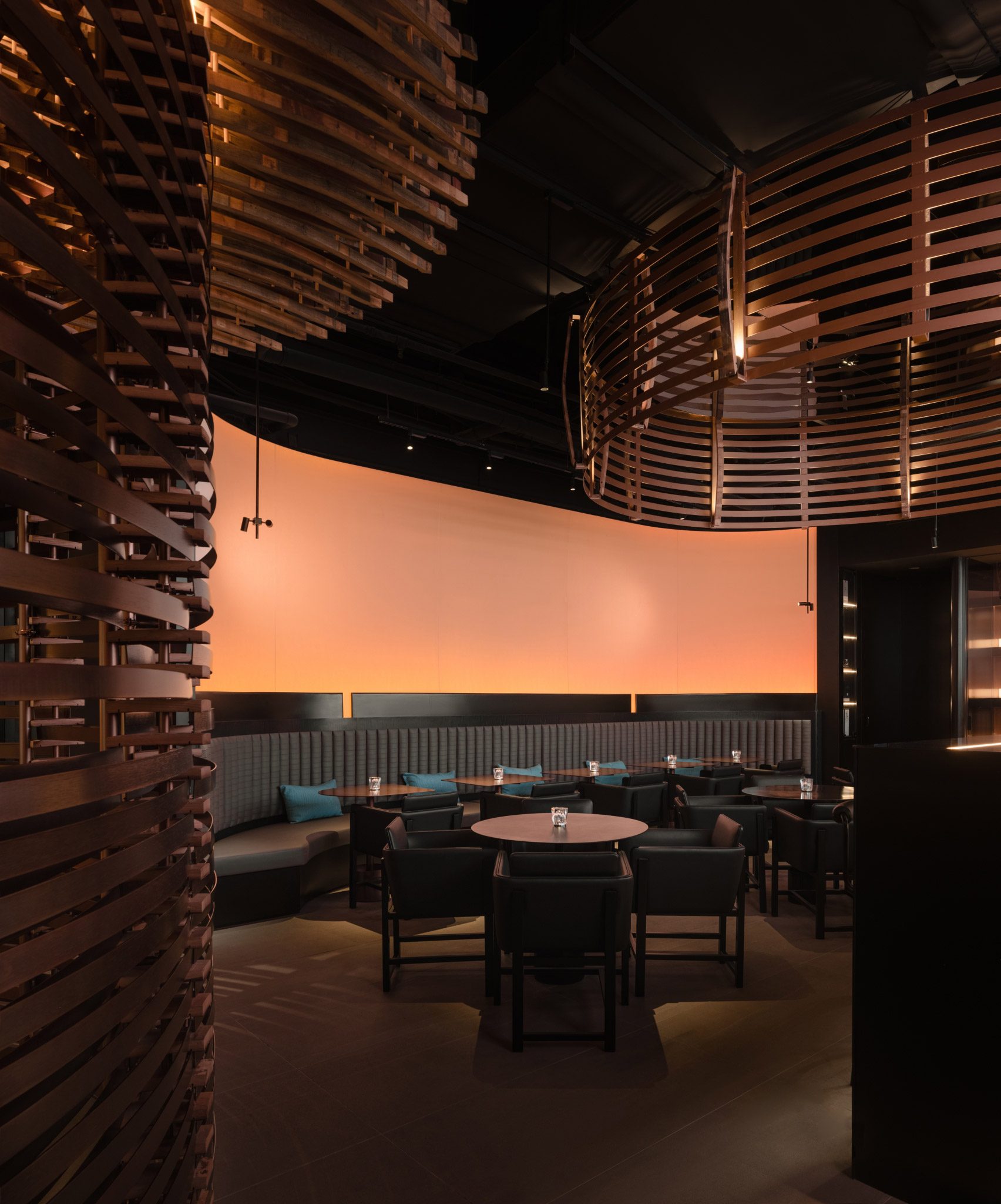 Interior of Lai Zhou Bar by RooMoo features offcuts from wooden whiskey barrels