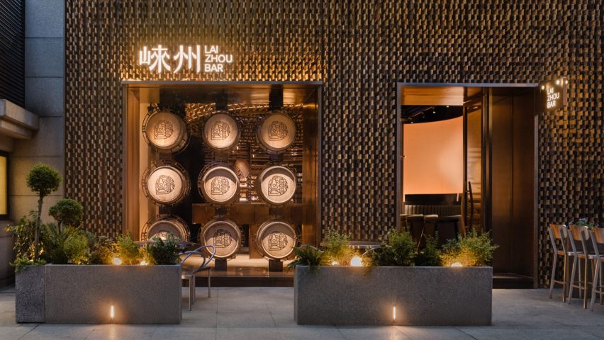 Exterior of Lai Zhou Bar by RooMoo features offcuts from wooden whiskey barrels