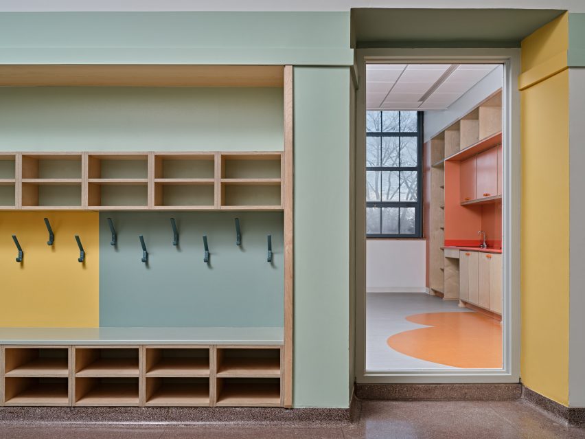 Colourful cubbies in elementary school