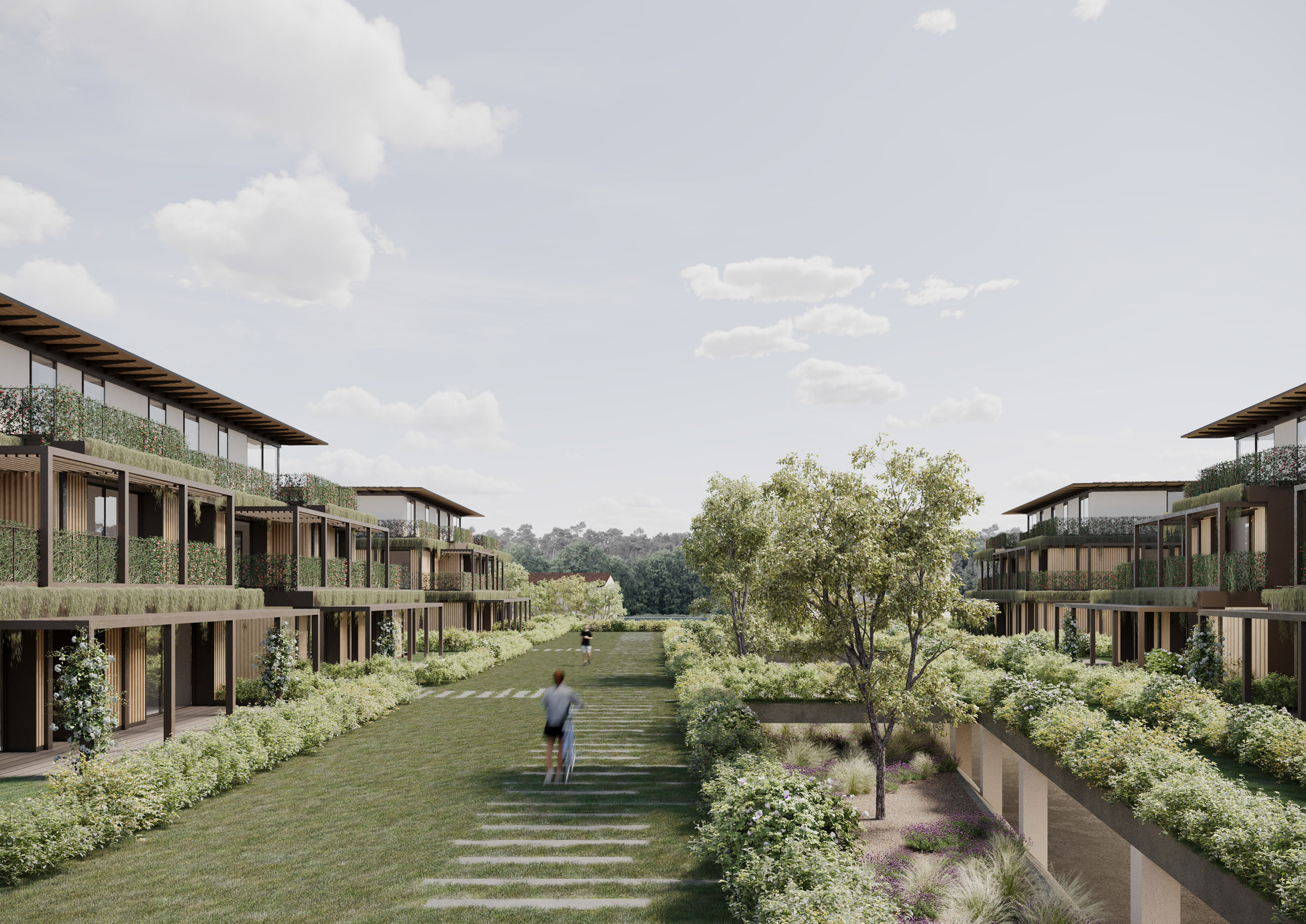 Visualisation showing a green space between two rows of buildings