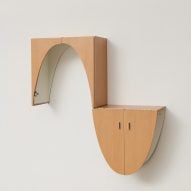 A wooden shelving system