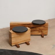 Wooden benches with black circular seat