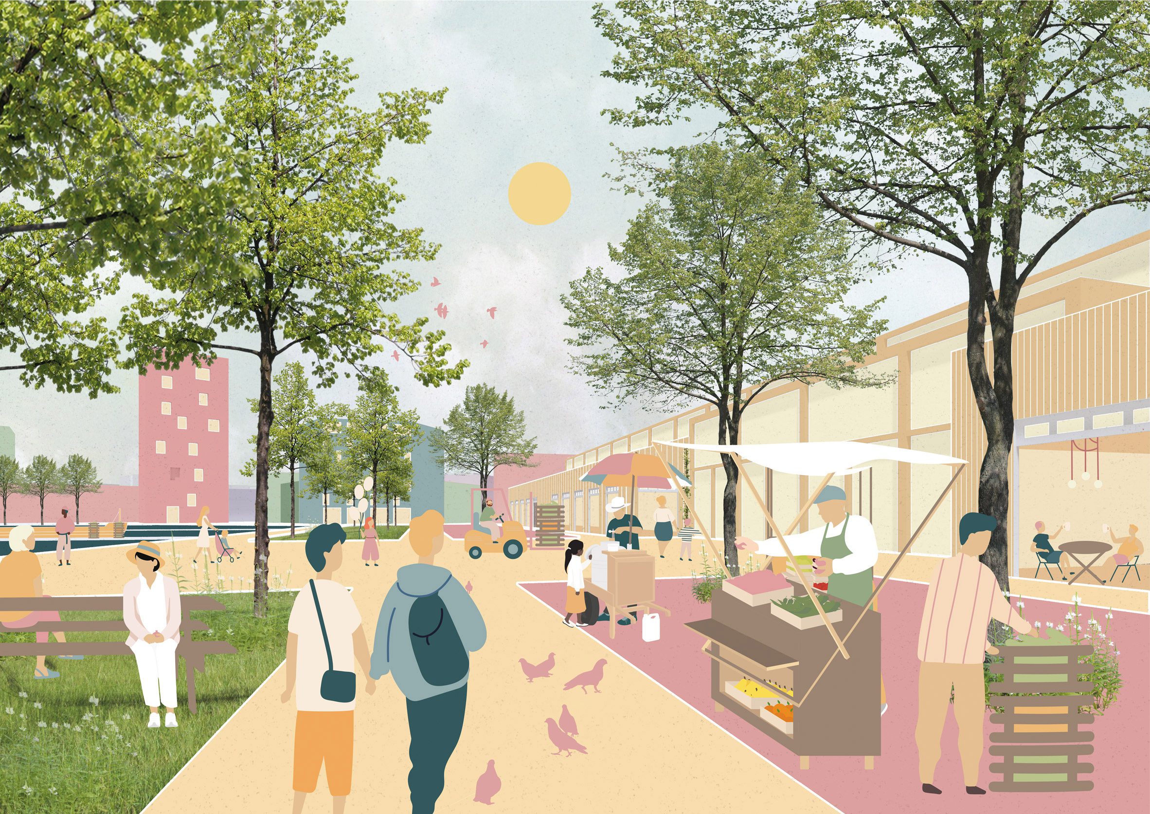 illustration of a lively city scene, a market next to a park by a student at amsterdam university of the arts