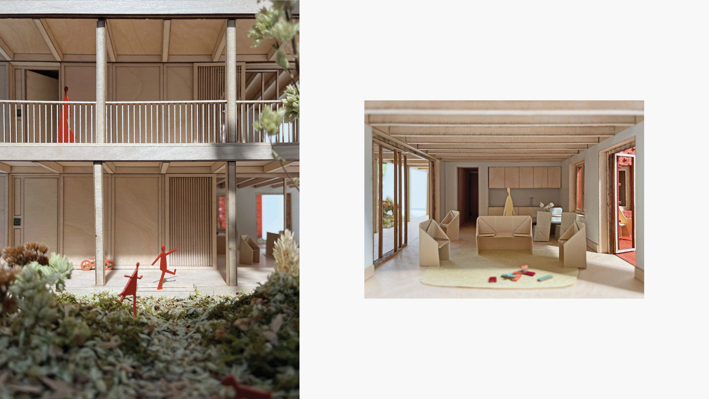 photos of models of a living room and a courtyard