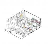 Isometric drawing of the grocery at the Alzheimer's Village in France by NORD Architects
