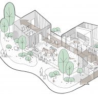 Isometric drawing of the mini farm at the Alzheimer's Village in France by NORD Architects
