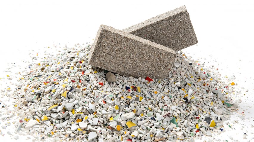 YiBrick Permeable by Yi Design on a pile of ceramic waste