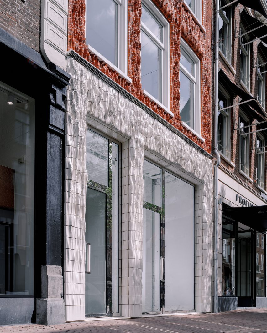 Street level view of 3D printed ceramic tile facade by RAP Studio