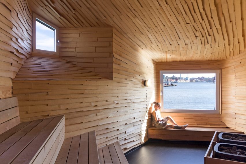 Timber-lined sauna interior in Gothenburg, Sweden